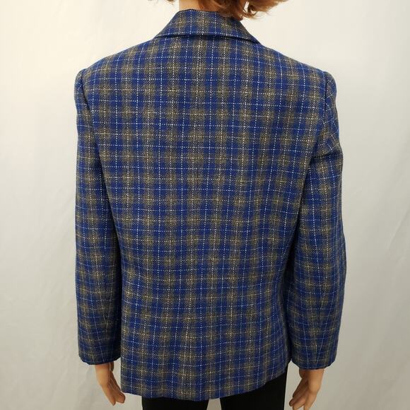 Vintage Joan Leslie Wool Blazer Jacket Blue Gray Plaid Lined Petite 12P / M - Picture 5 of 11